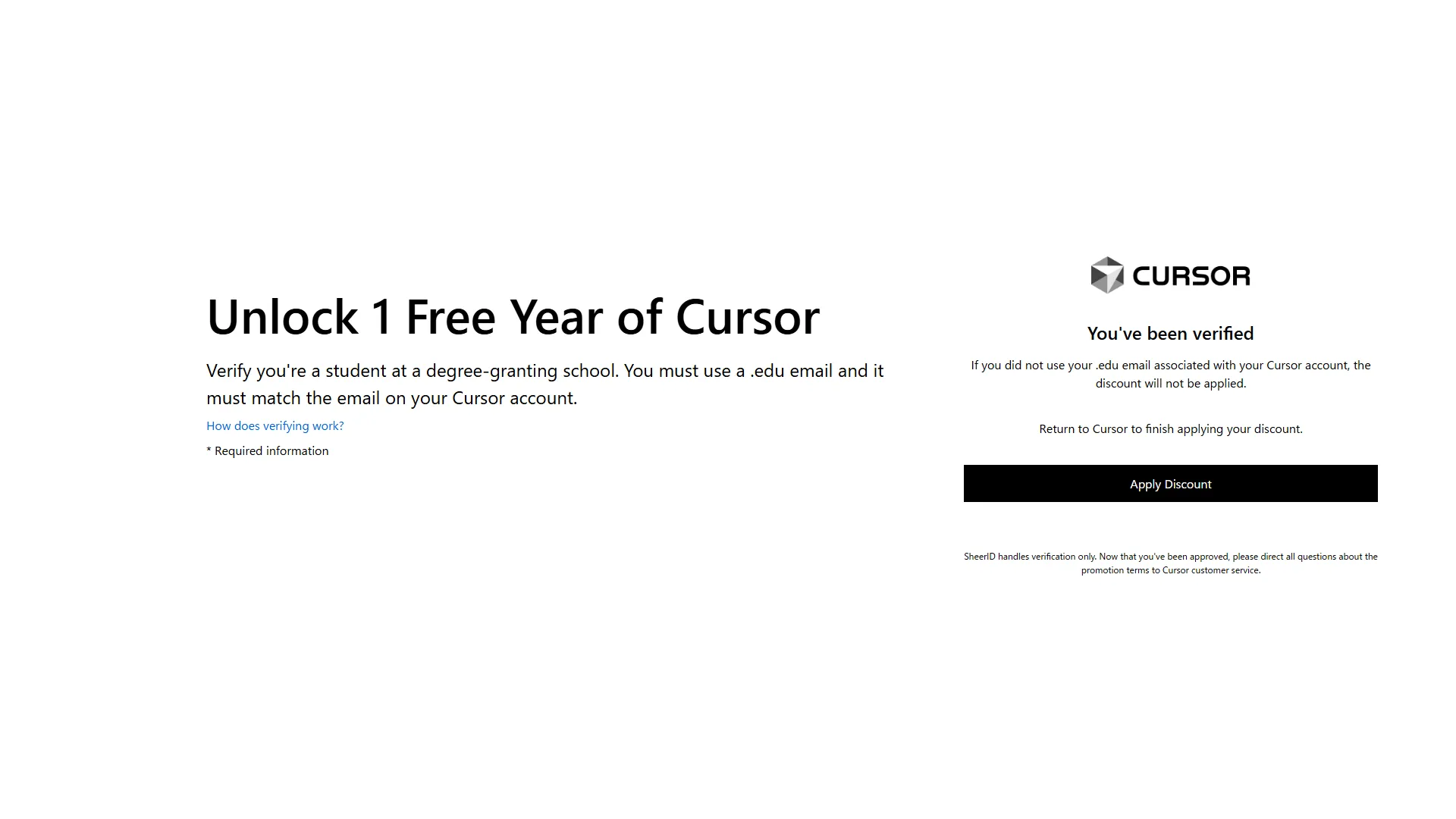 Screenshot of Cursor student discount application completion screen