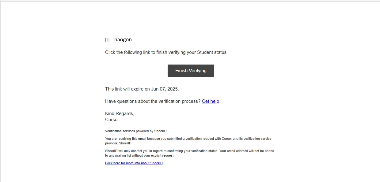 Screenshot of verification email link button